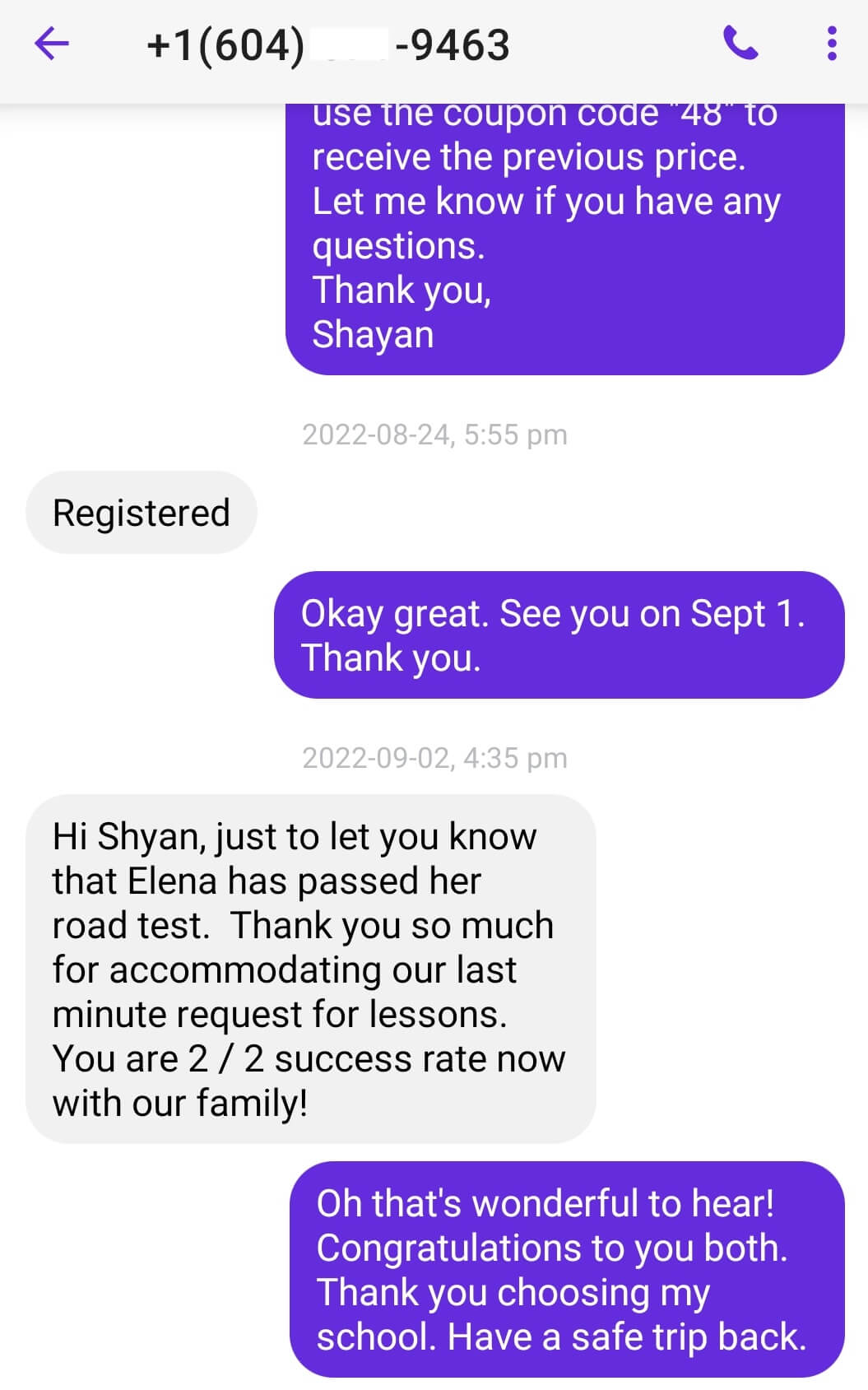 Student testimonial screenshot
