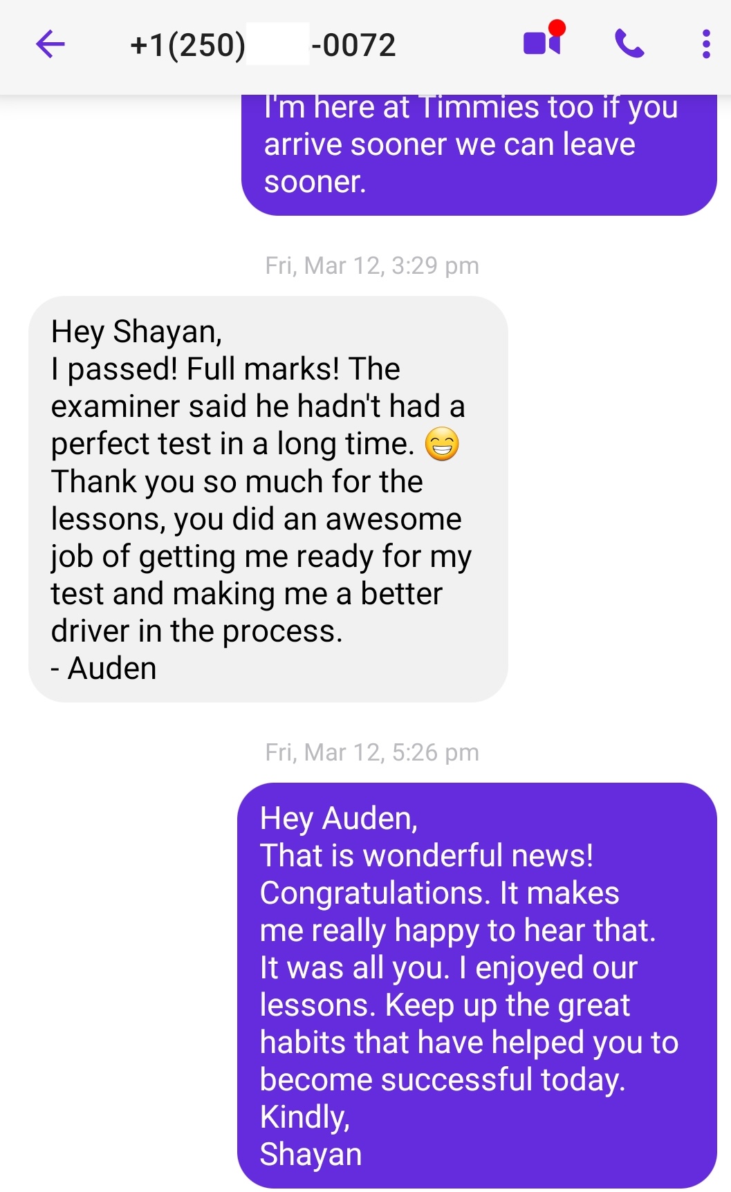 Student testimonial screenshot