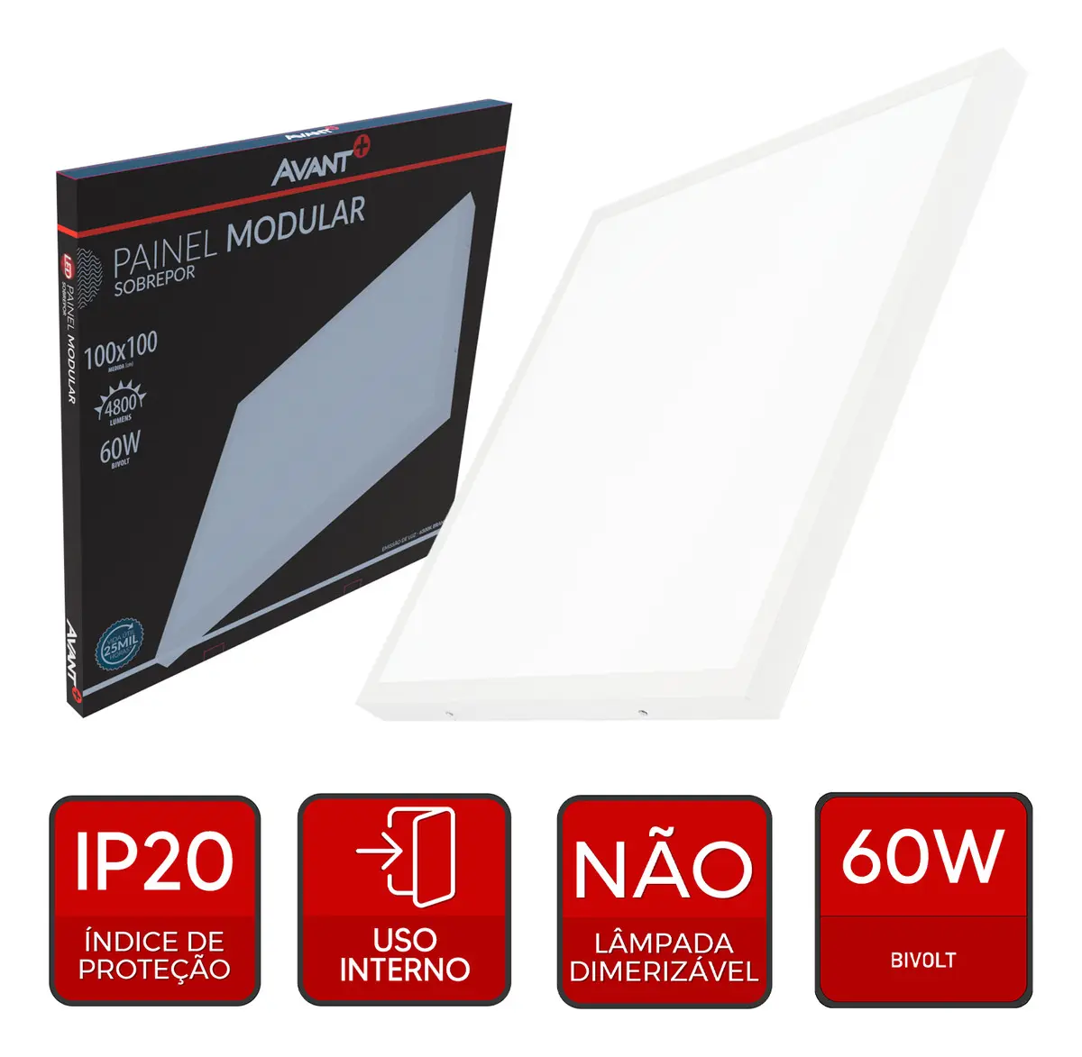 Painel Led Sobrepor 60w 100x100cm Paflon Quadrado Bivolt 6500k Luz Branco Frio Grande Formato - Avant 127/220v 2