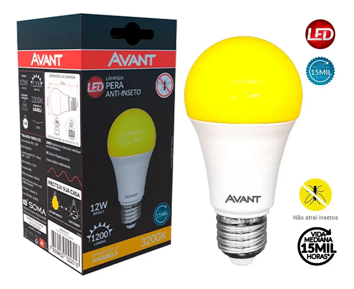 Lampada Led Pera Anti Inseto 12w 3200k Amarelo E27 Ip20 Branco Leitoso Cod: 343205173 Avant 127/220v Amarela