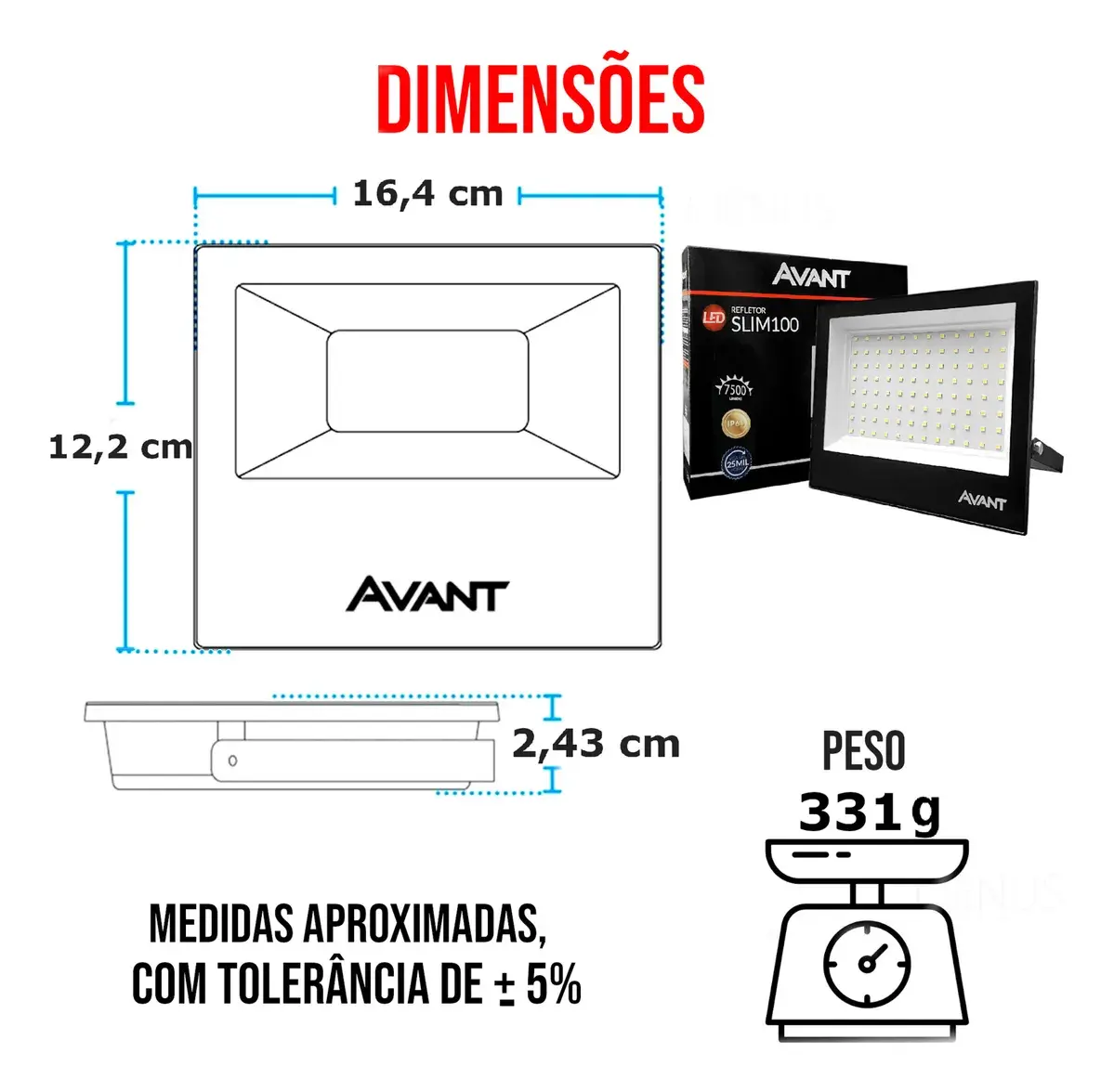 Refletor Slim Led 100w Ip66 Branco Frio 6500k Avant Carcaça Preto Luz Branco-frio 127/220v 4