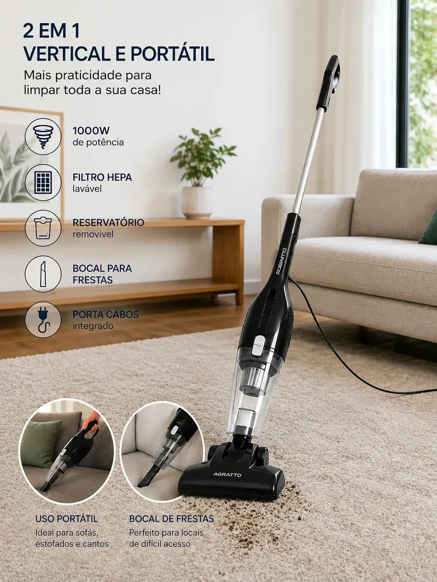 Aspirador de Pó Vertical Agratto  Duo AS 2 em 1  127V 1000W com Filtro HEPA Reservatório Removível e Uso Portátil Doméstico 3