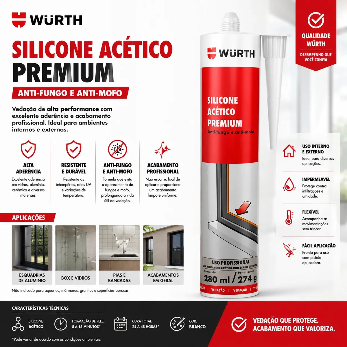 Silicone Acetico Incolor Anti-mofo 280ml Wurth 2