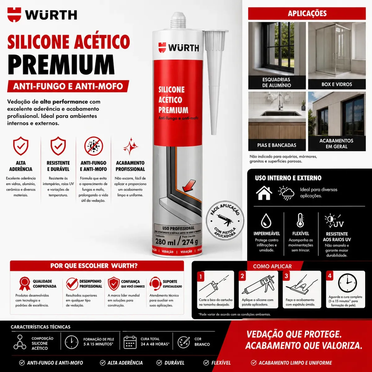 Silicone Acetico Incolor Anti-mofo 280ml Wurth 3