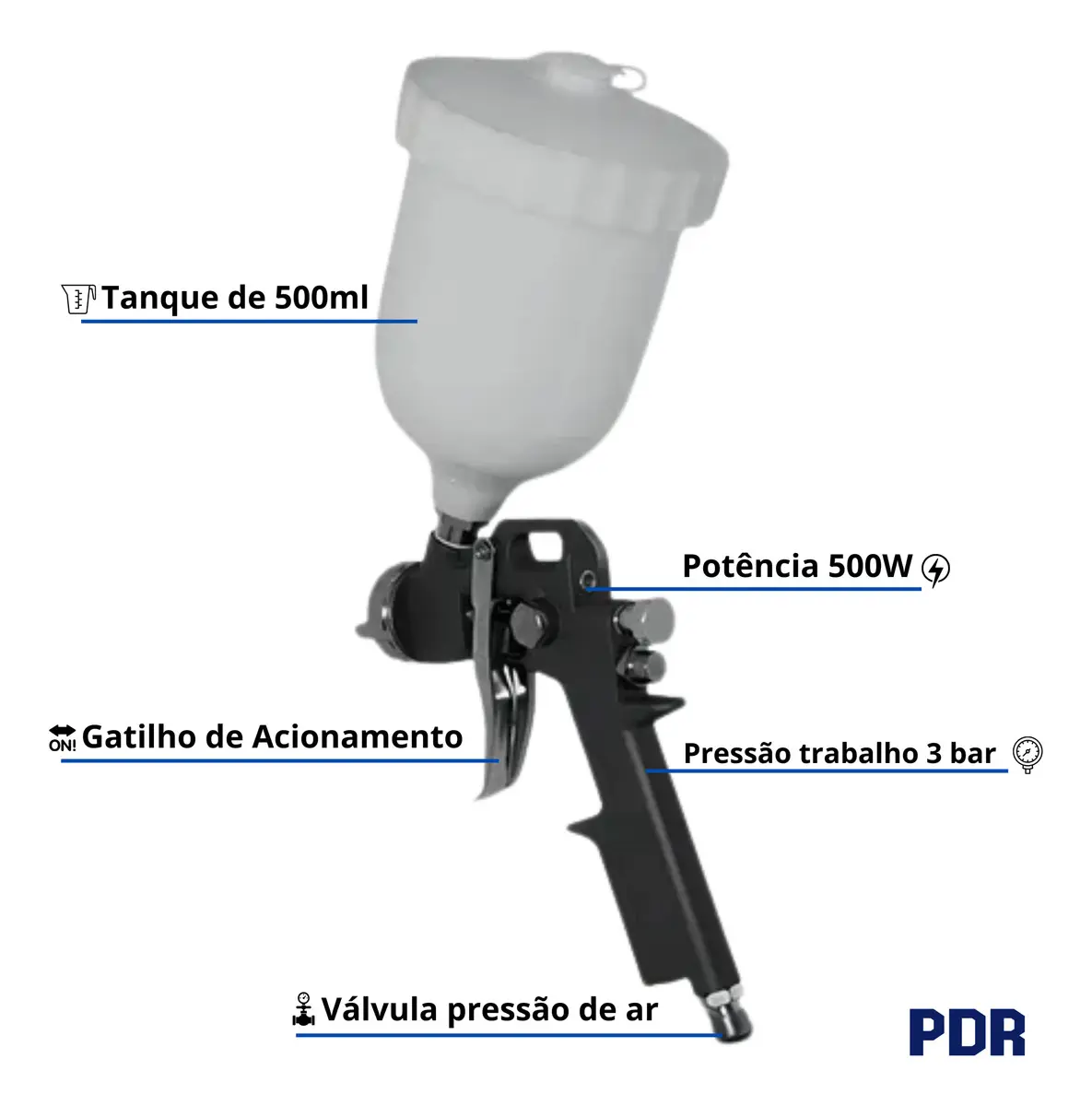 Pistola De Pintura Gravidade Bico 1,5mm 500ml Pdr Pro-500 Cor Cinza 2
