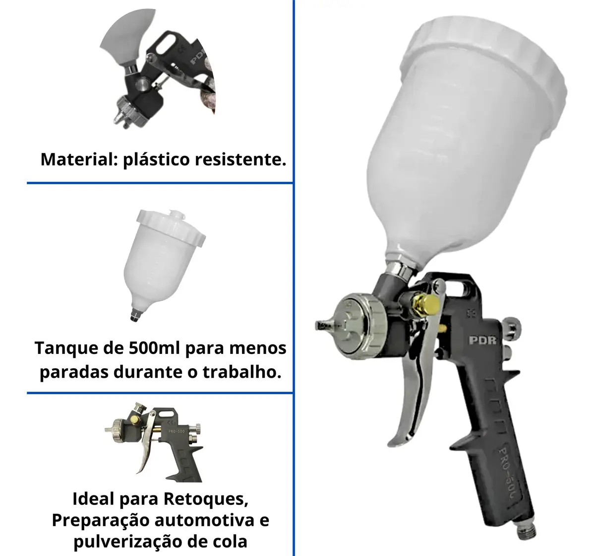 Pistola De Pintura Gravidade Bico 1,5mm 500ml Pdr Pro-500 Cor Cinza 4