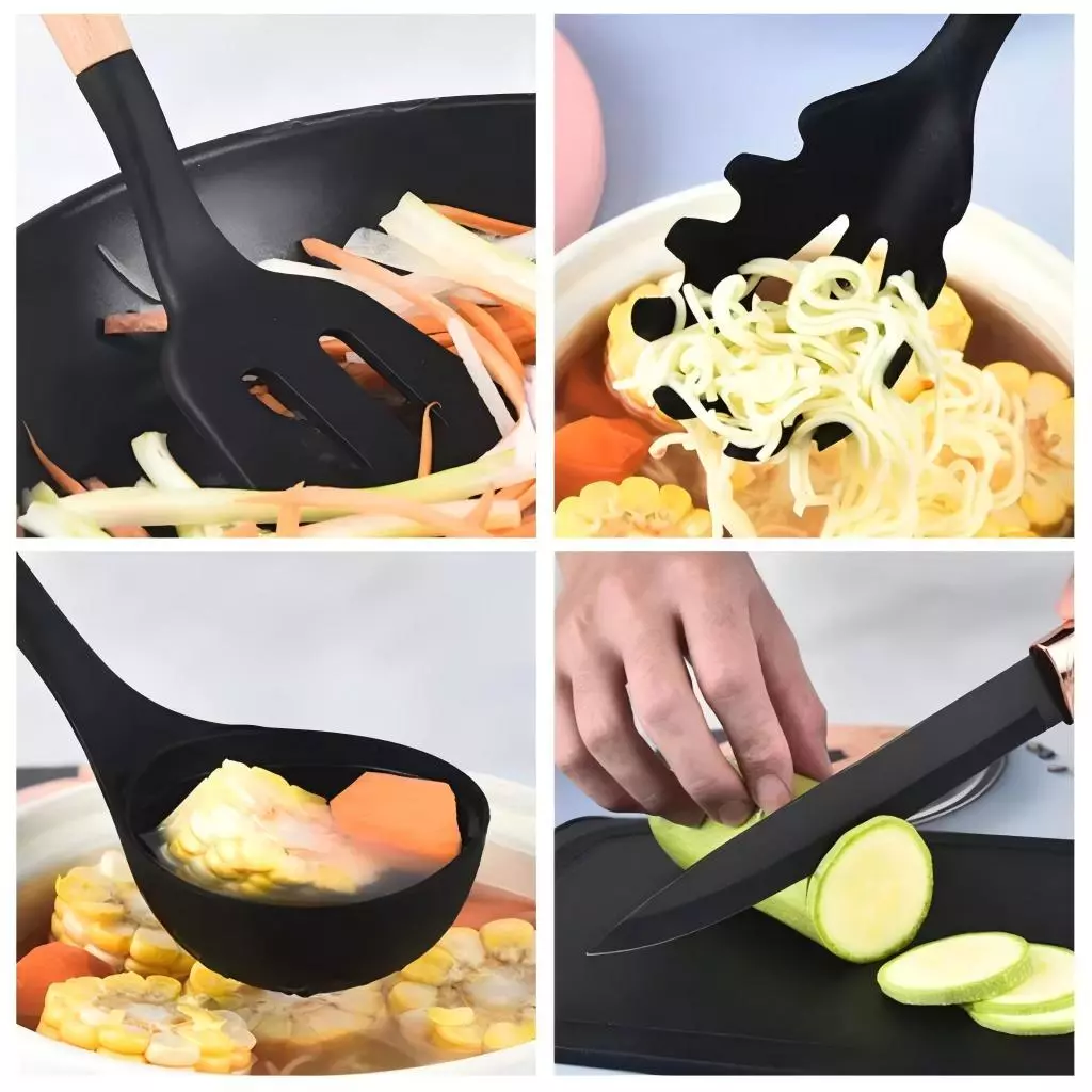 KIT de Utensílios Para Cozinha em Silicone e Bambu 12 Peças