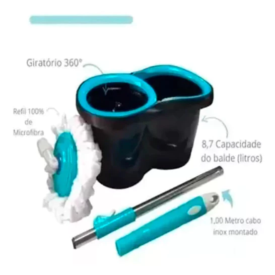 Mop Giratório Magic Clean 360° Azul Tiffany 8,7LTS | Cabo Aço Inox | Microfibra Ultra Macia 3