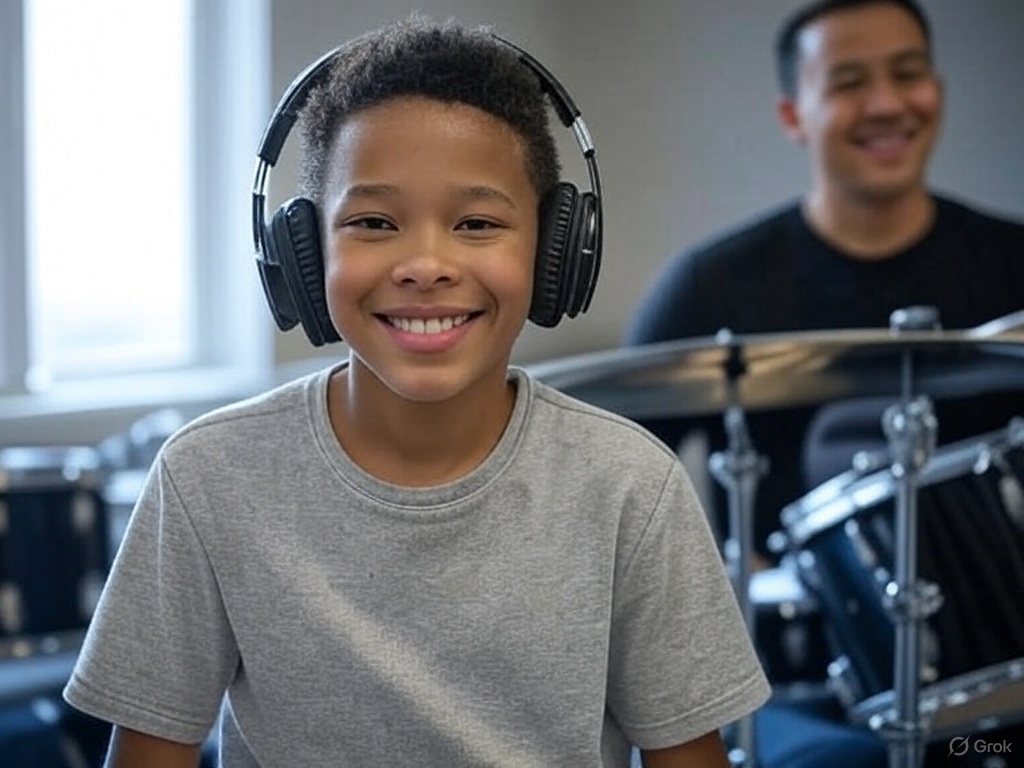 Student enjoying drum practice with headphones
