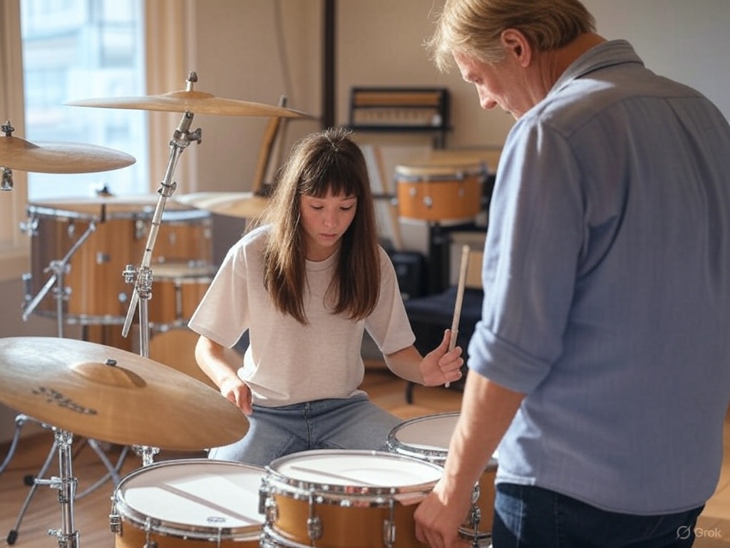 Teacher giving drum lesson to student in classroom