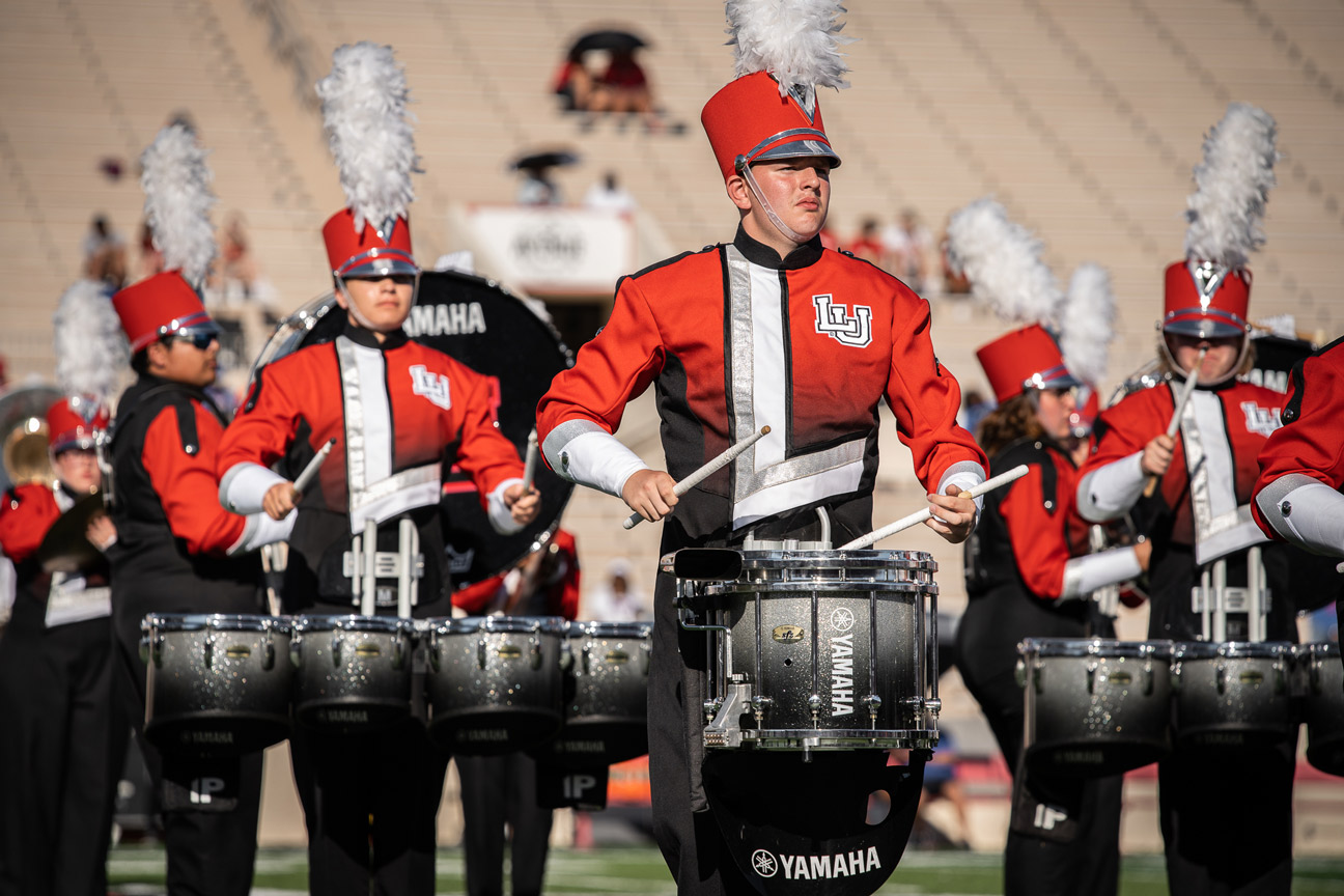 Marching band drumline in performance