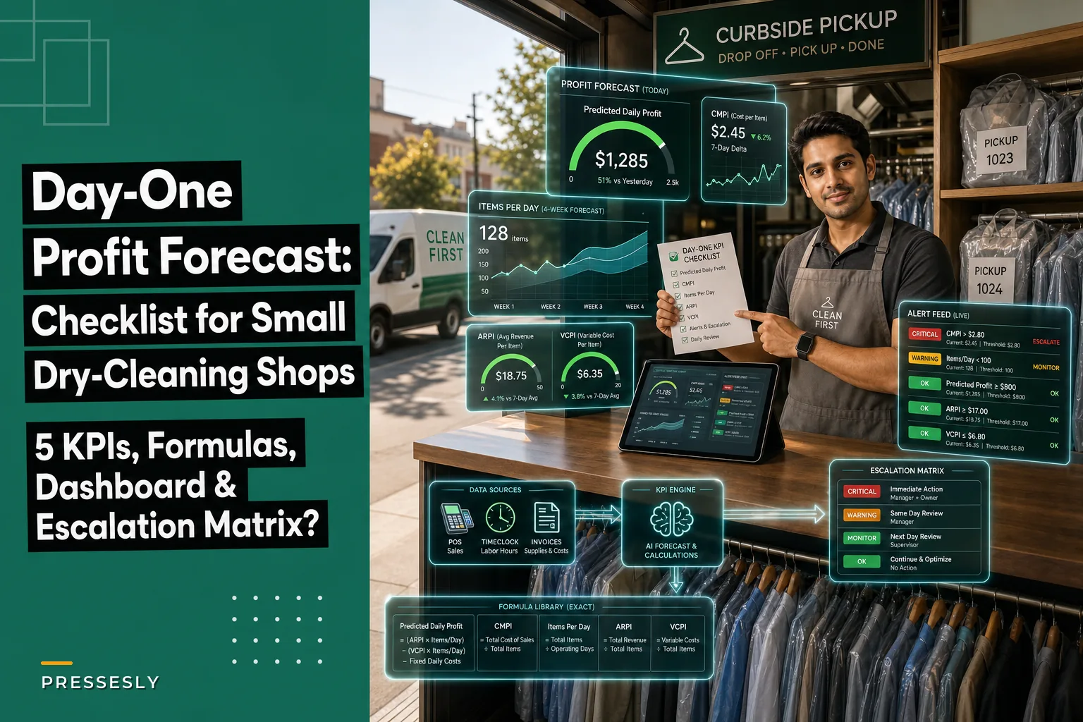 Day‑One Profit Forecast Checklist for Small Dry‑Cleaning Shops — 5 KPIs, Exact Formulas, Single‑Screen Dashboard Mockup, Thresholds & Escalation Matrix