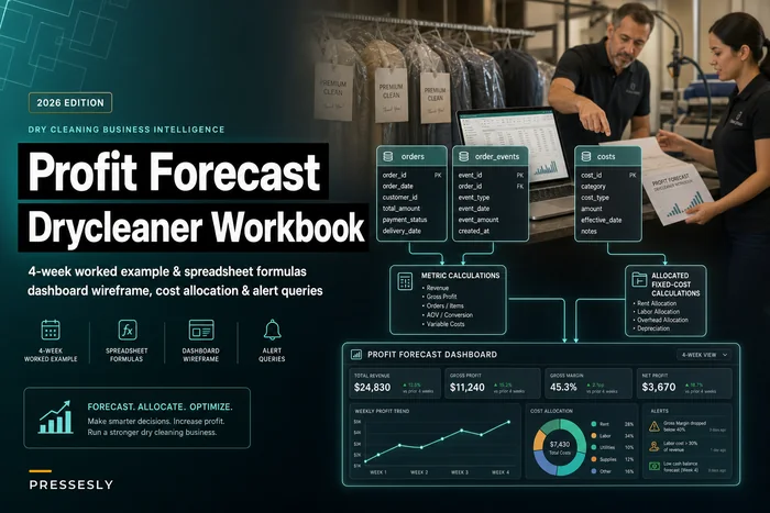 Dry‑Cleaner Profit Forecast Workbook: 4‑Week Worked Example, Spreadsheet Formulas, Dashboard Wireframe & Alert Queries