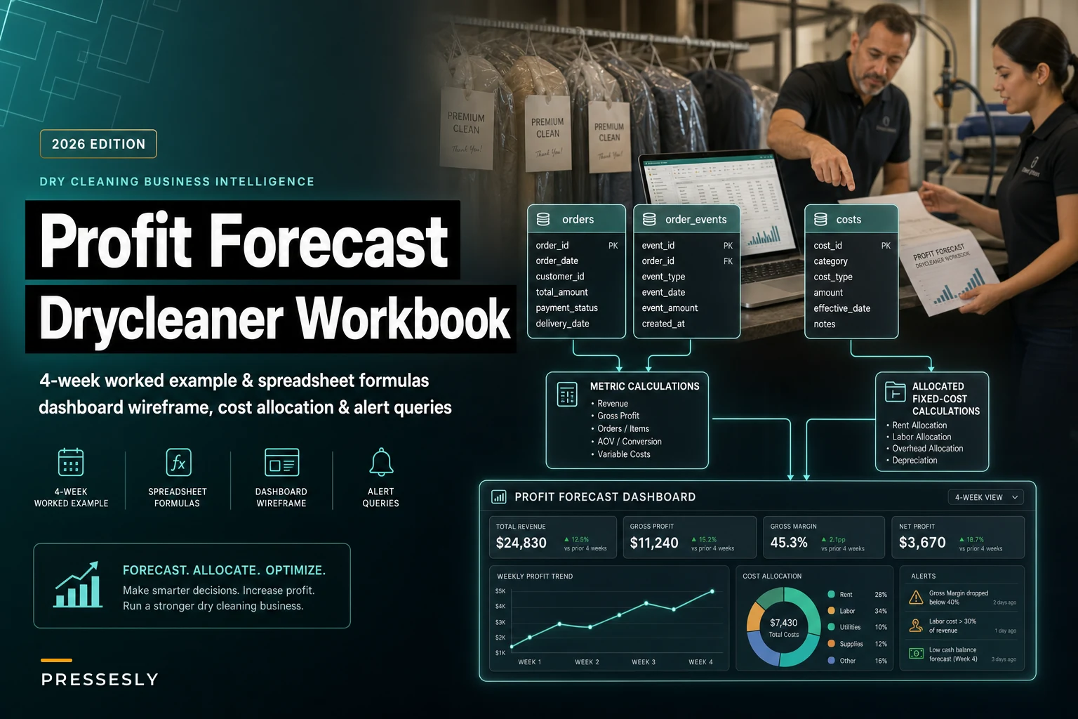 Dry‑Cleaner Profit Forecast Workbook: 4‑Week Worked Example, Spreadsheet Formulas, Dashboard Wireframe & Alert Queries