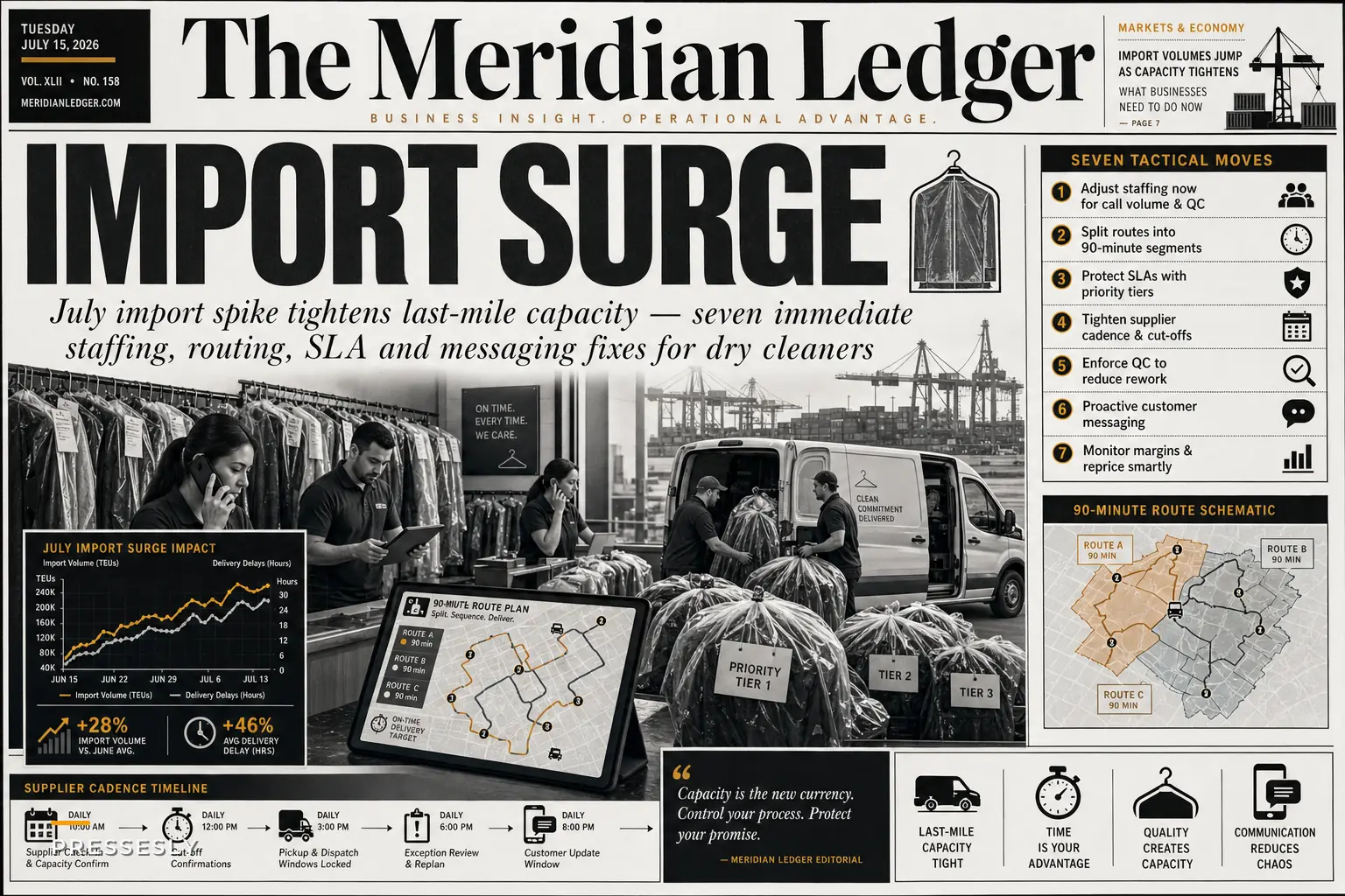 How the July Import Surge Will Strain Local Deliveries — 7 Practical Staffing, Routing and Customer-Communication Moves for Dry Cleaners