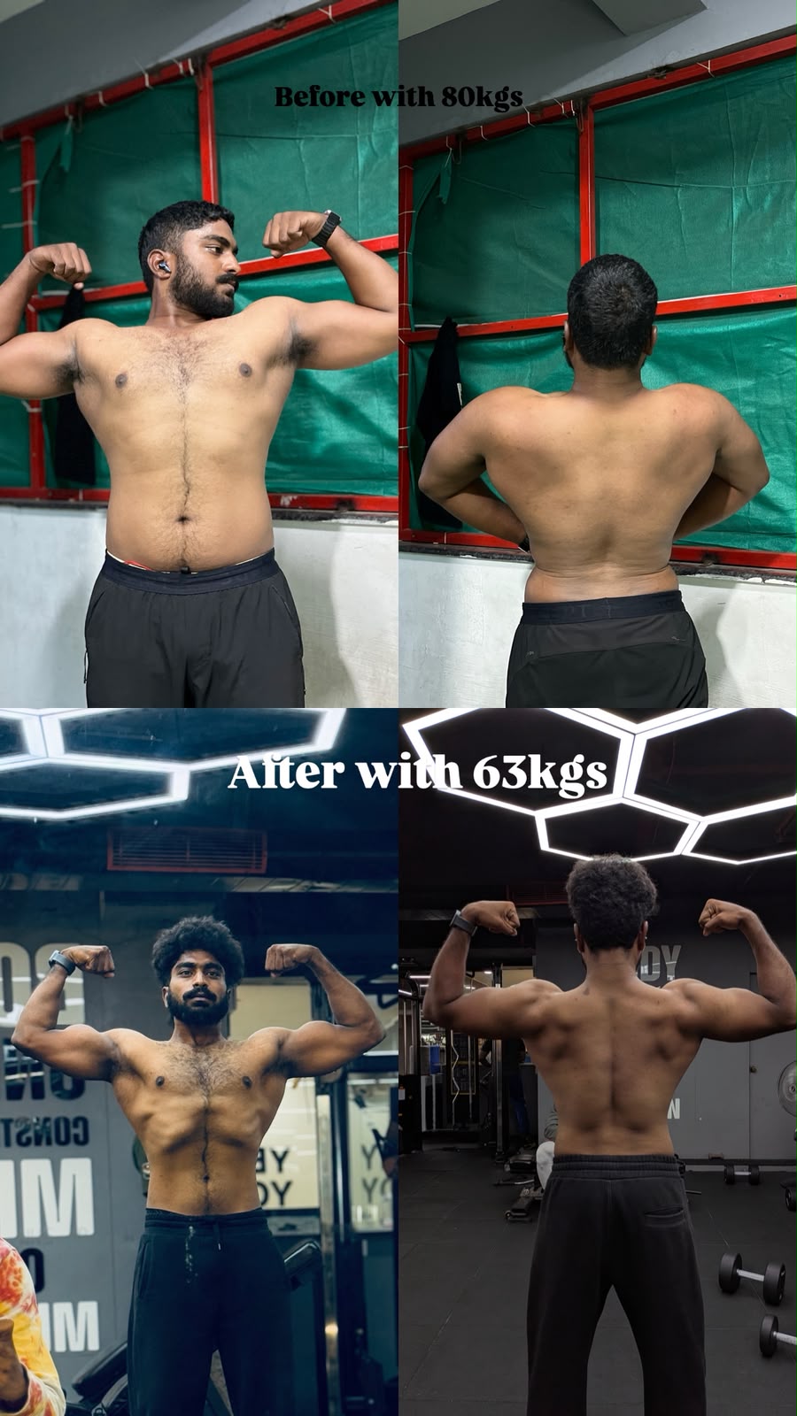 Client coached by Mohammed Riyaz from 80 kg to 63 kg — seventeen kilos down with the muscle kept underneath.