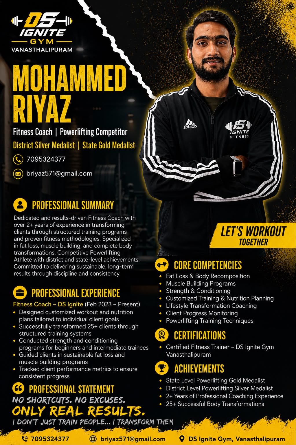 Profile card for Mohammed Riyaz, Fitness Coach | Powerlifting Competitor at DSigniteFitness, Vanasthalipuram