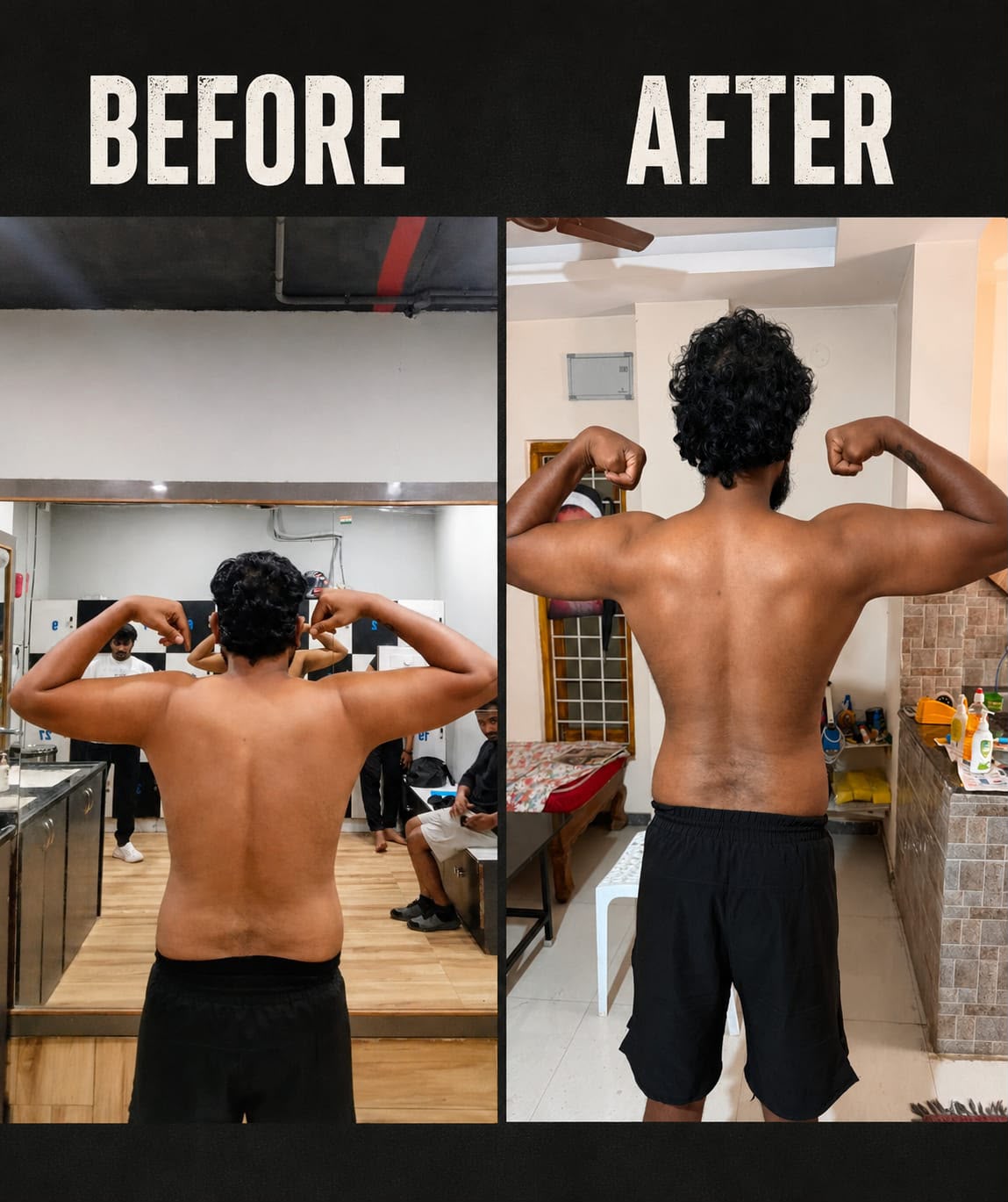 Client coached by Sai Krishnam Raju, before and after — noticeably wider through the lats and leaner through the waist.