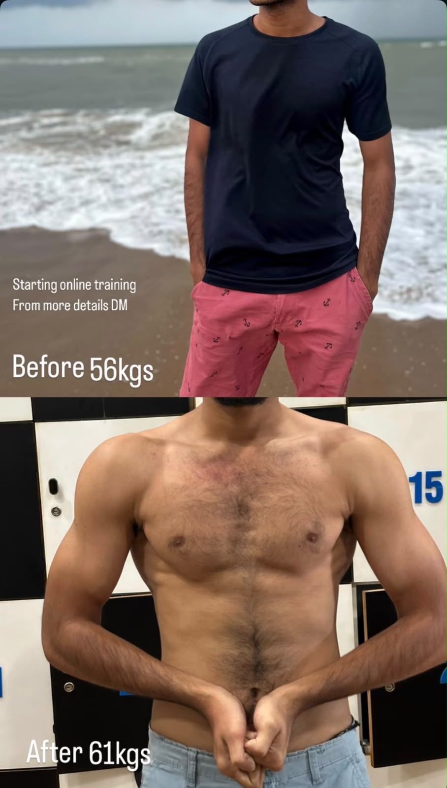 Online coaching client of Sai Krishnam Raju, from 56 kg to 61 kg of lean muscle gained.