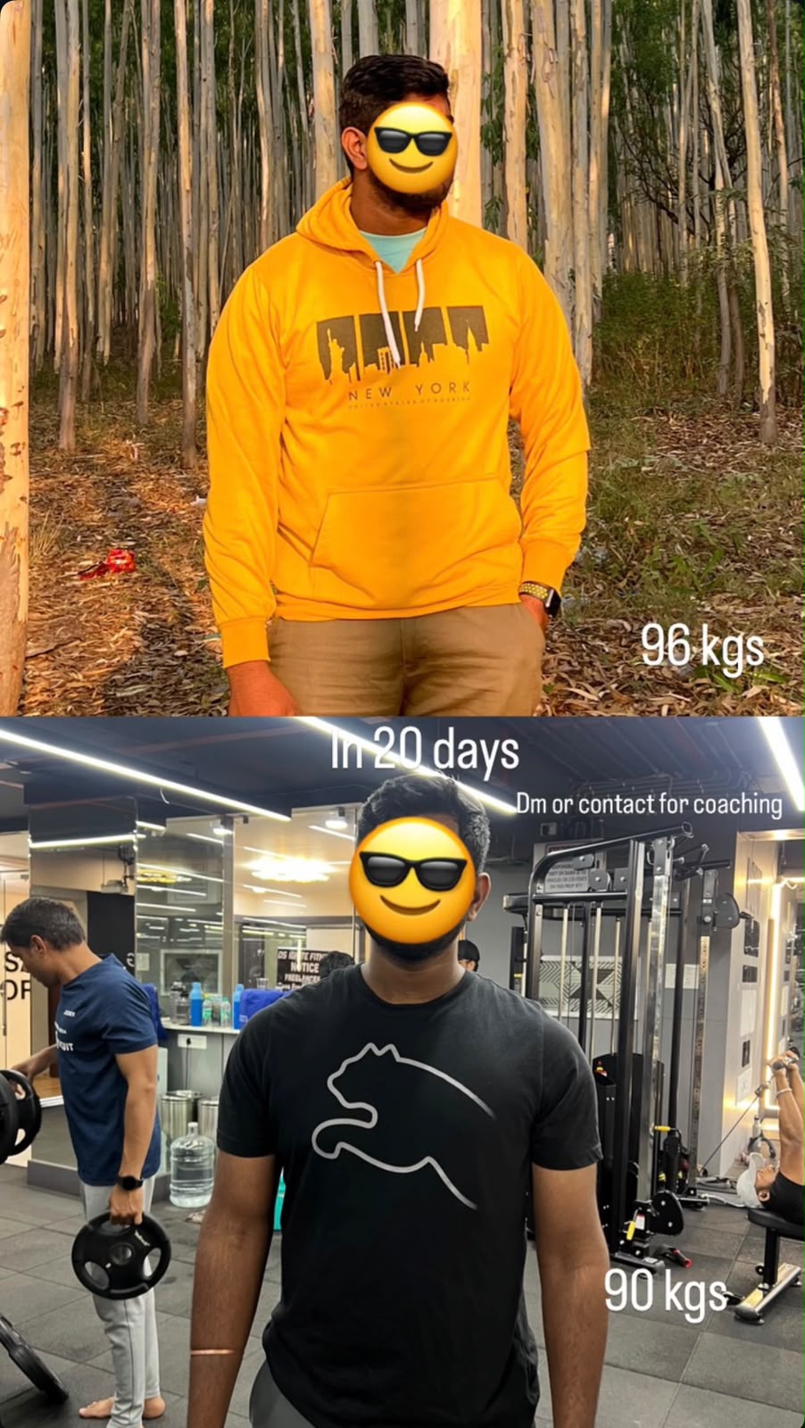 Client coached by Sai Krishnam Raju from 96 kg to 90 kg in twenty days of structured training and diet.