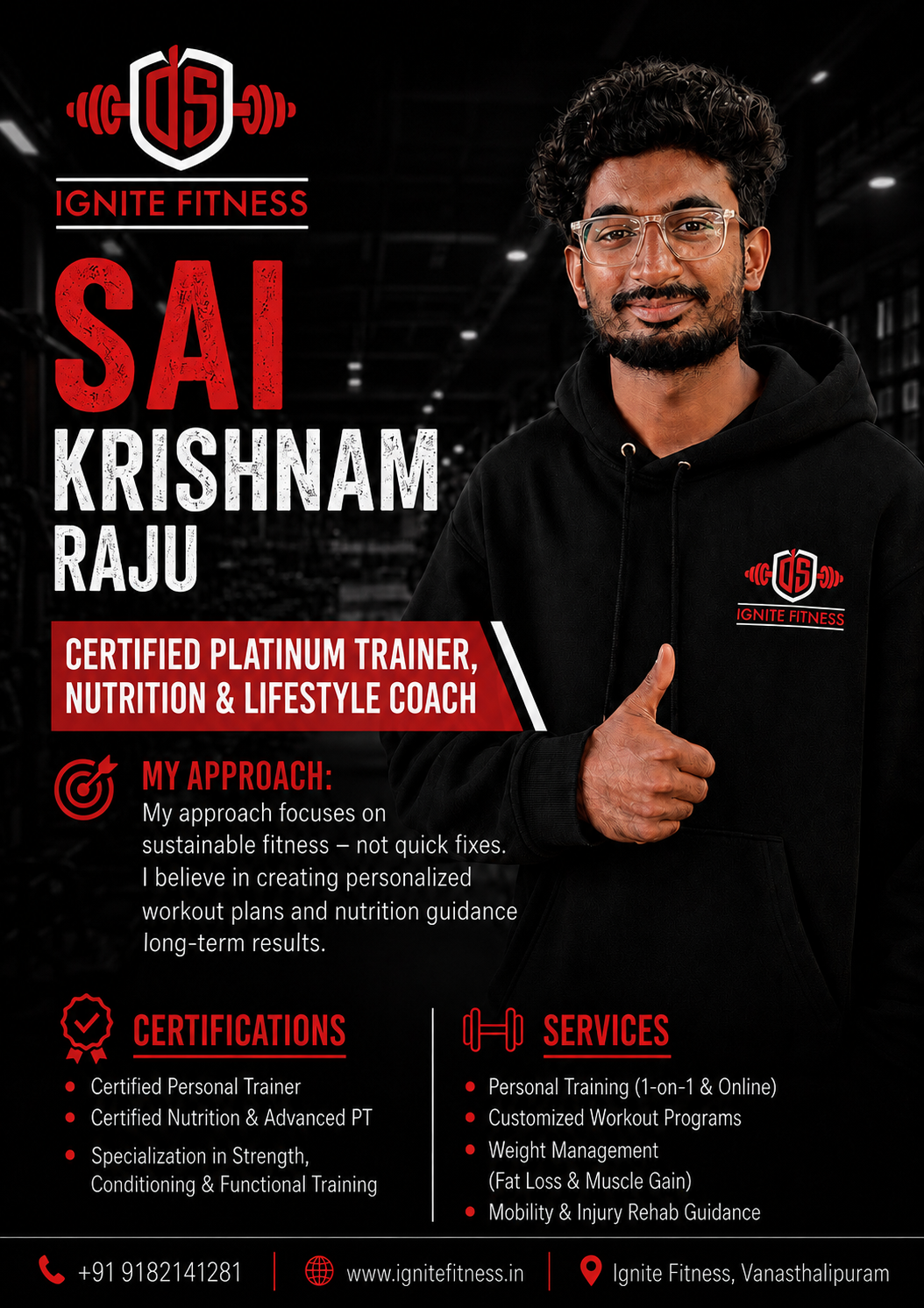 Profile card for Sai Krishnam Raju, Certified Platinum Trainer, Nutrition & Lifestyle Coach at DSigniteFitness, Vanasthalipuram