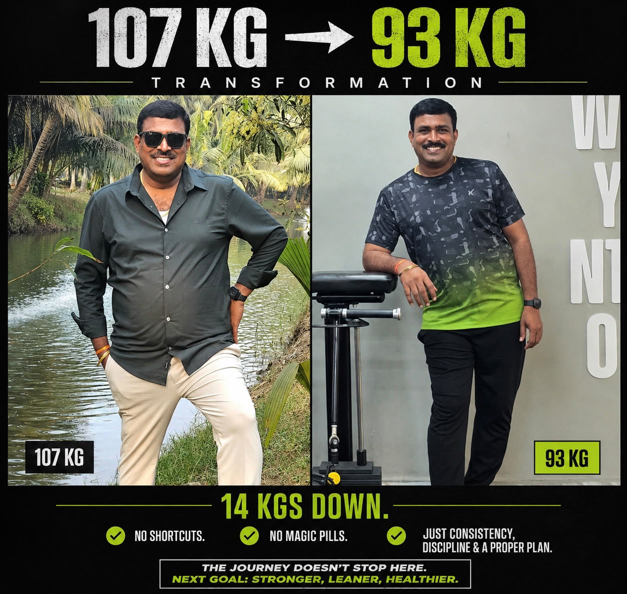 Client coached by Sunny from 107 kg to 93 kg — 14 kilos down with no shortcuts and no magic pills.