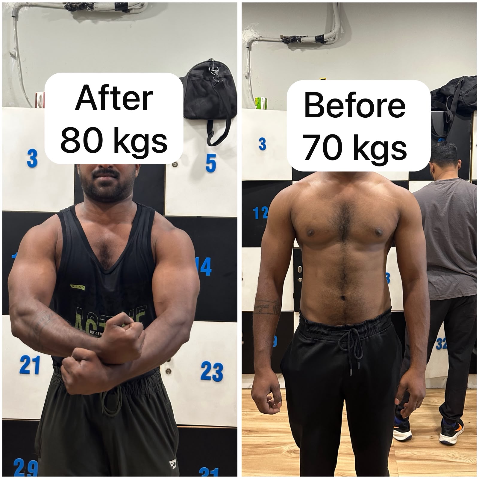 Client coached by Ujwal Reddy from 70 kg to 80 kg — ten kilos of muscle gained through a structured strength block.