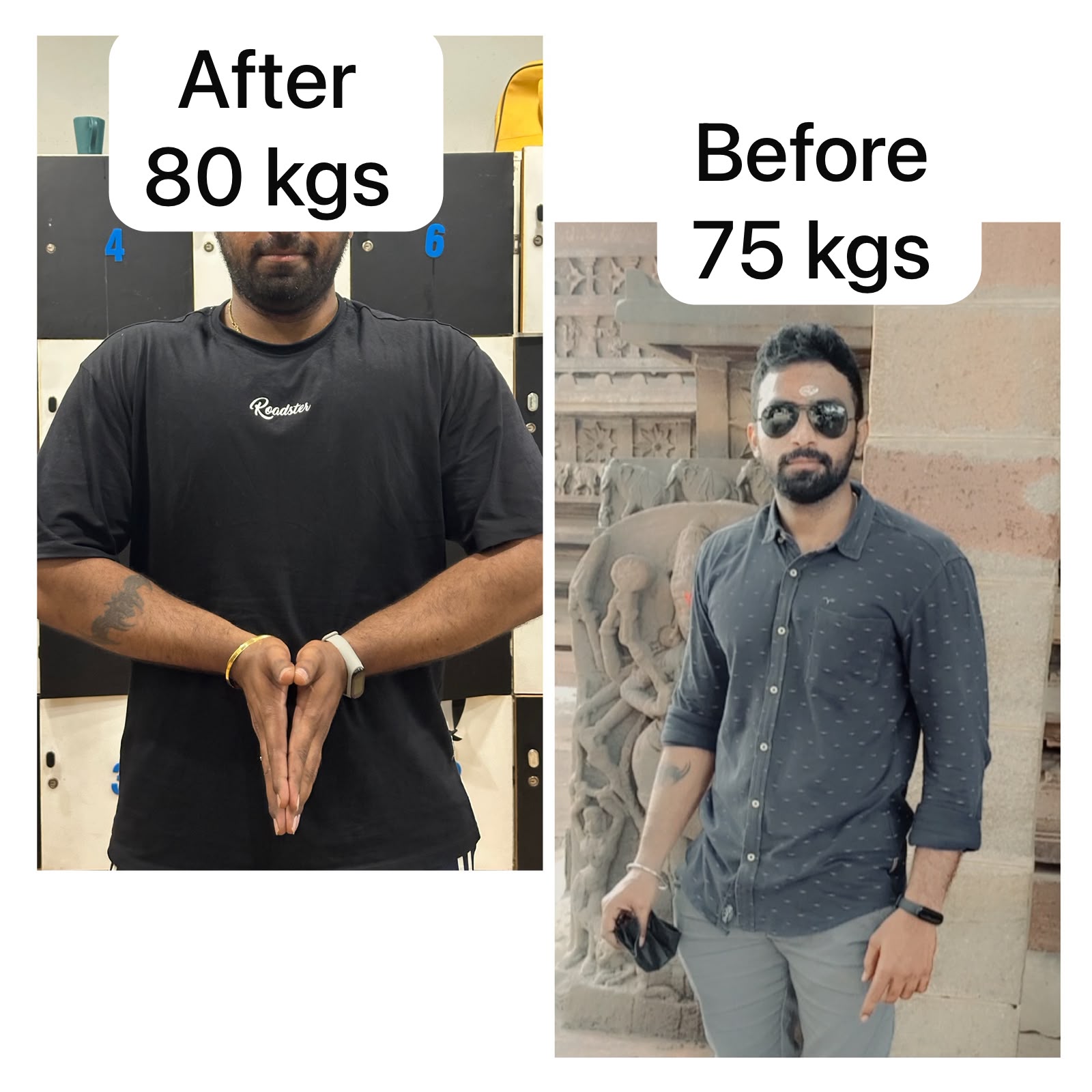 Client coached by Ujwal Reddy from 75 kg to 80 kg, filling out through the shoulders and back.