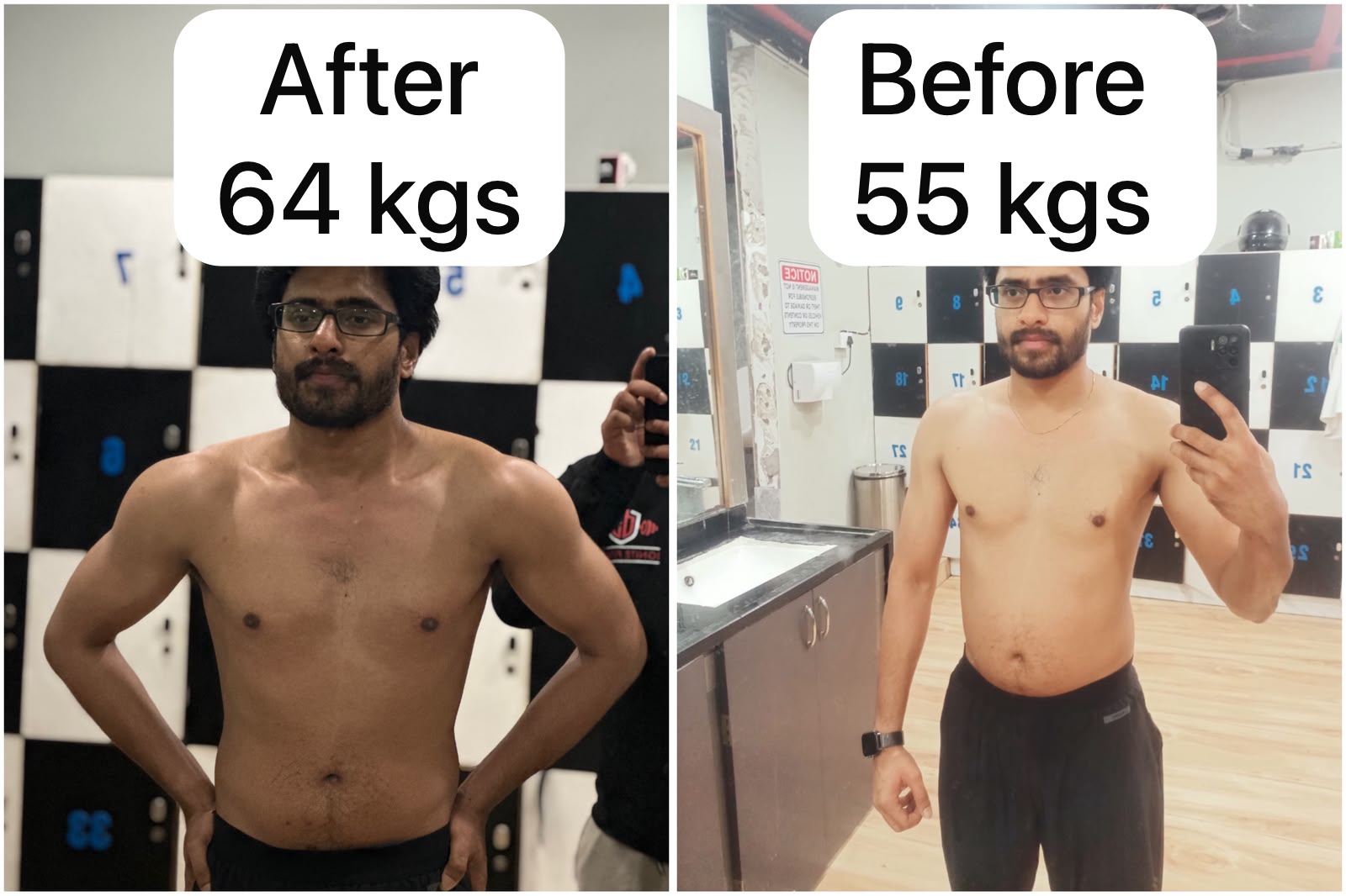 Client coached by Ujwal Reddy from 55 kg to 64 kg — a lean-gain phase for a naturally light frame.