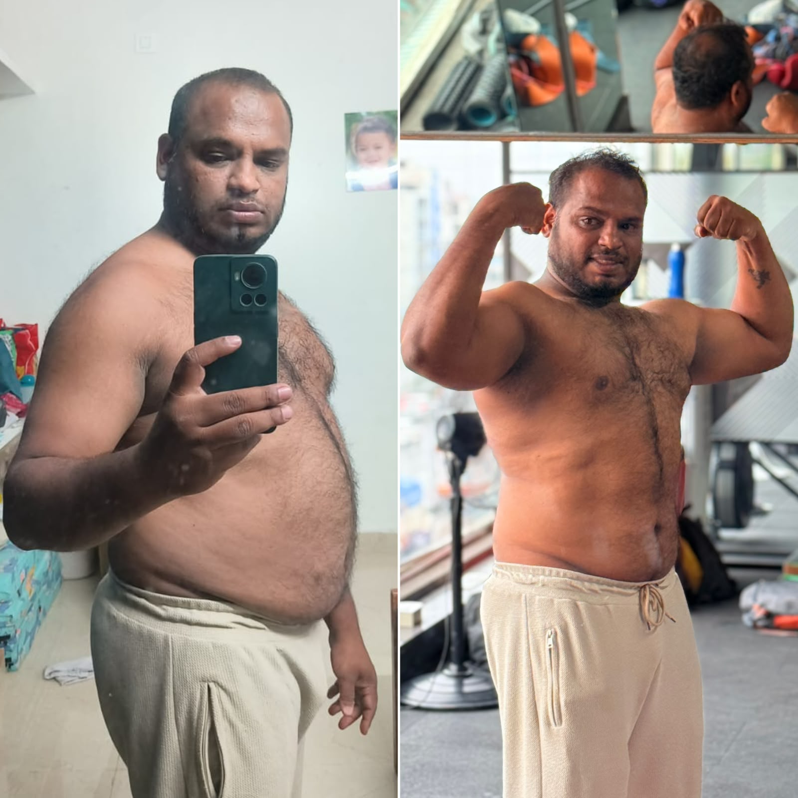 Client coached by Vignan Kumar Palle from a heavy starting point to a visibly leaner, stronger physique.