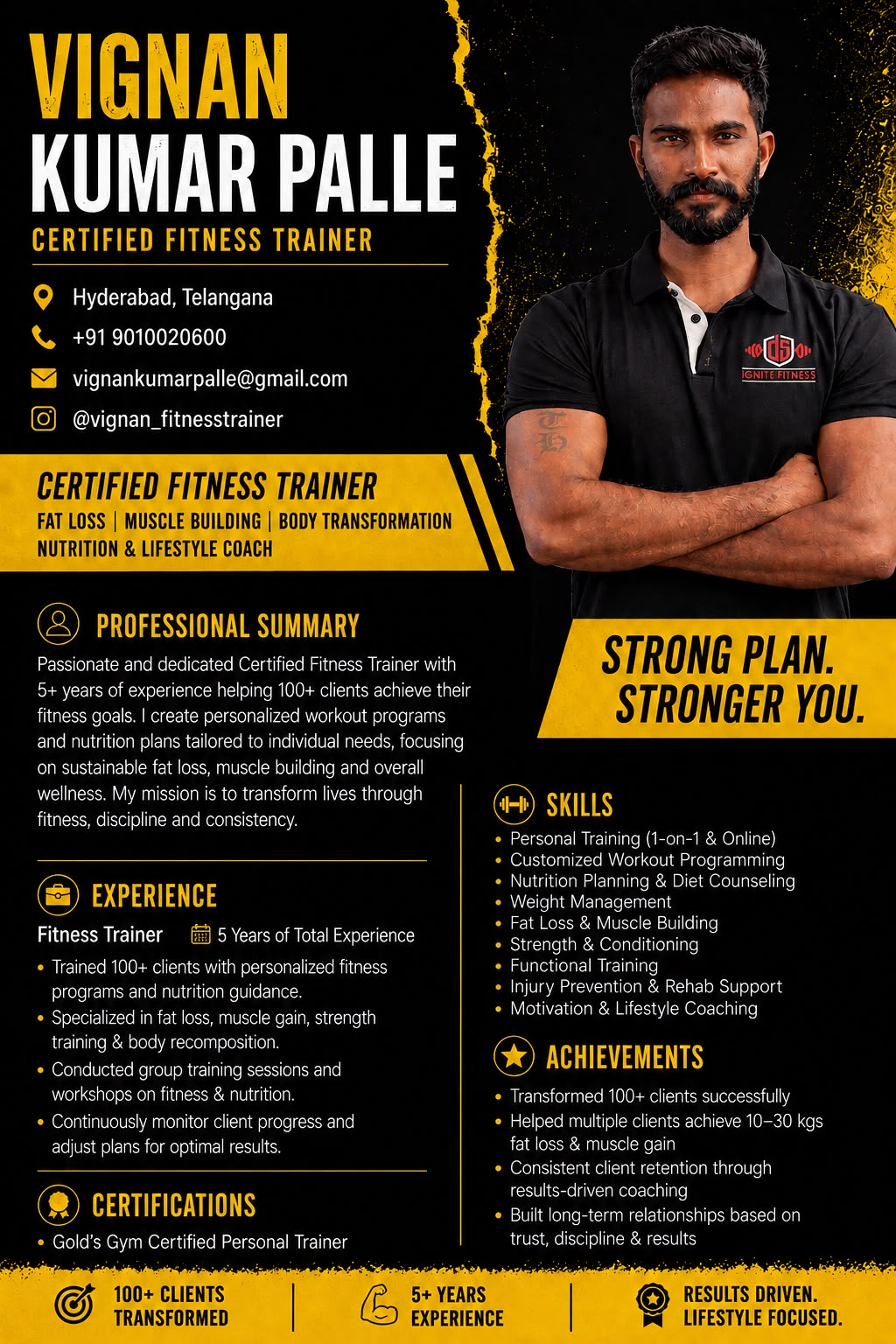 Profile card for Vignan Kumar Palle, Certified Fitness Trainer — Fat Loss · Muscle Building · Body Transformation · Nutrition & Lifestyle Coach at DSigniteFitness, Vanasthalipuram