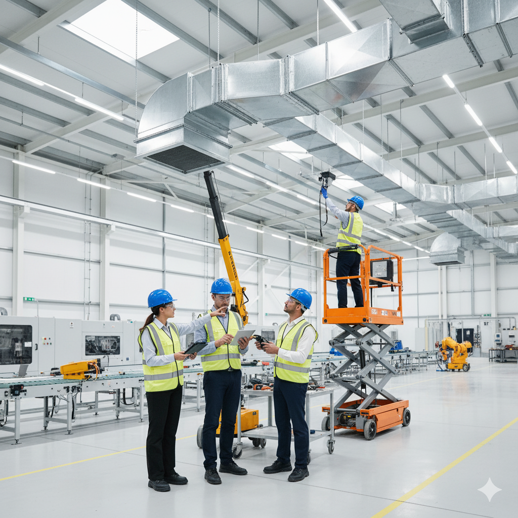 Equipo de ingenieros trabajando en una planta industrial moderna