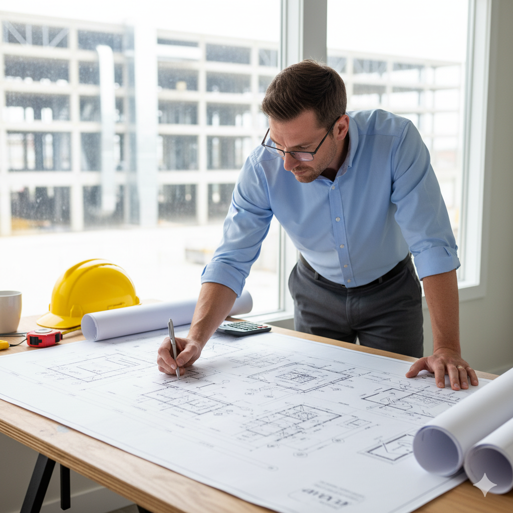 Ingeniero revisando planos de un proyecto HVAC
