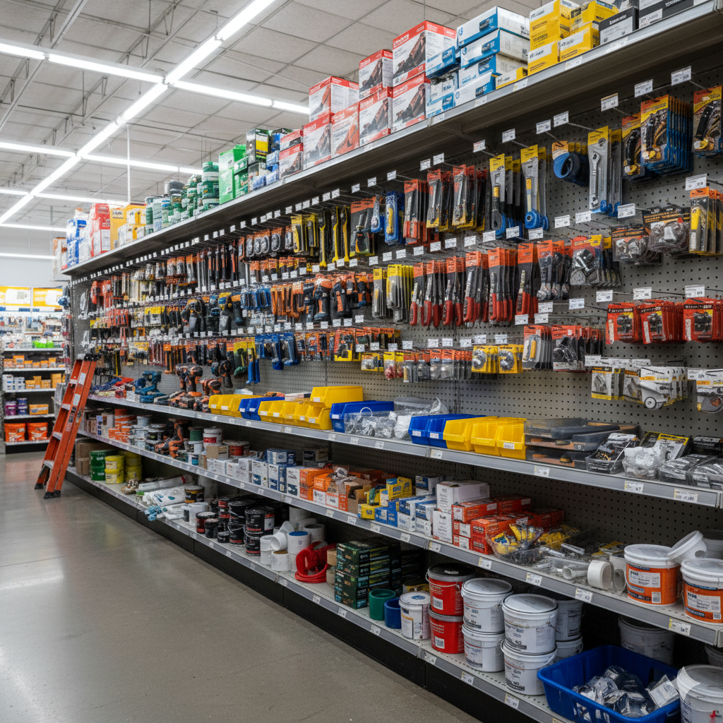 Estantes de una ferretería con herramientas y materiales