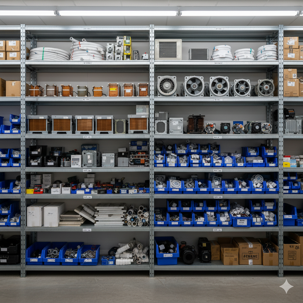 Estantes con refacciones y componentes de aire acondicionado