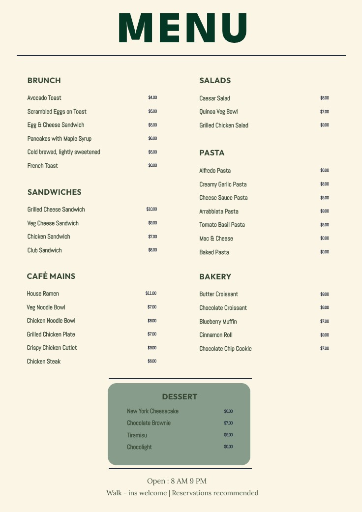 Menu Table Tent