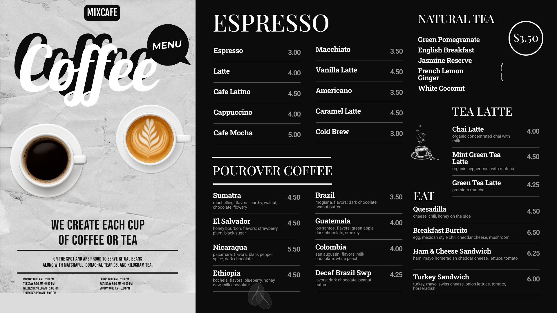 MIXCAFE Coffee Menu 