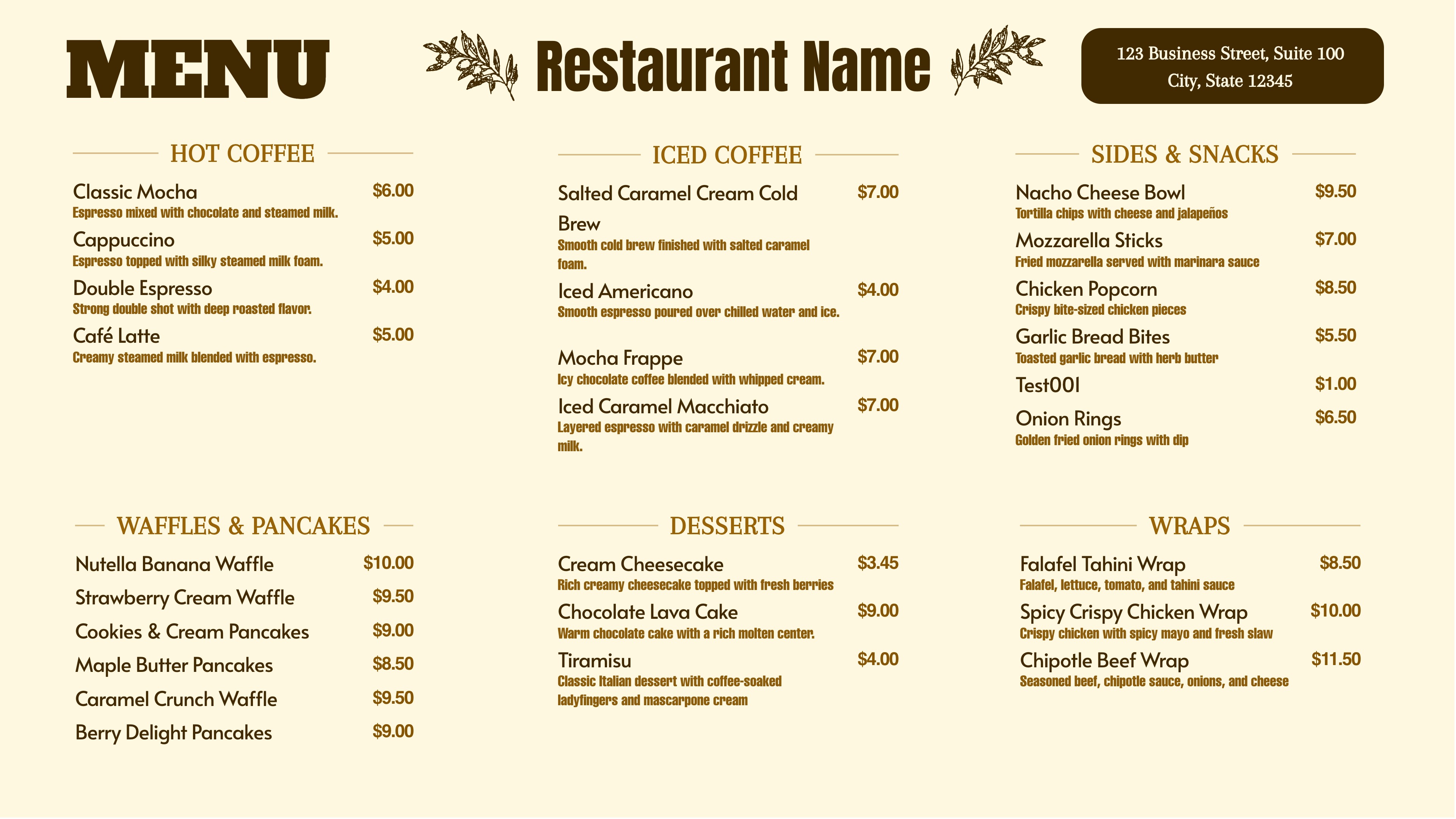 Coffee and Sides Menu