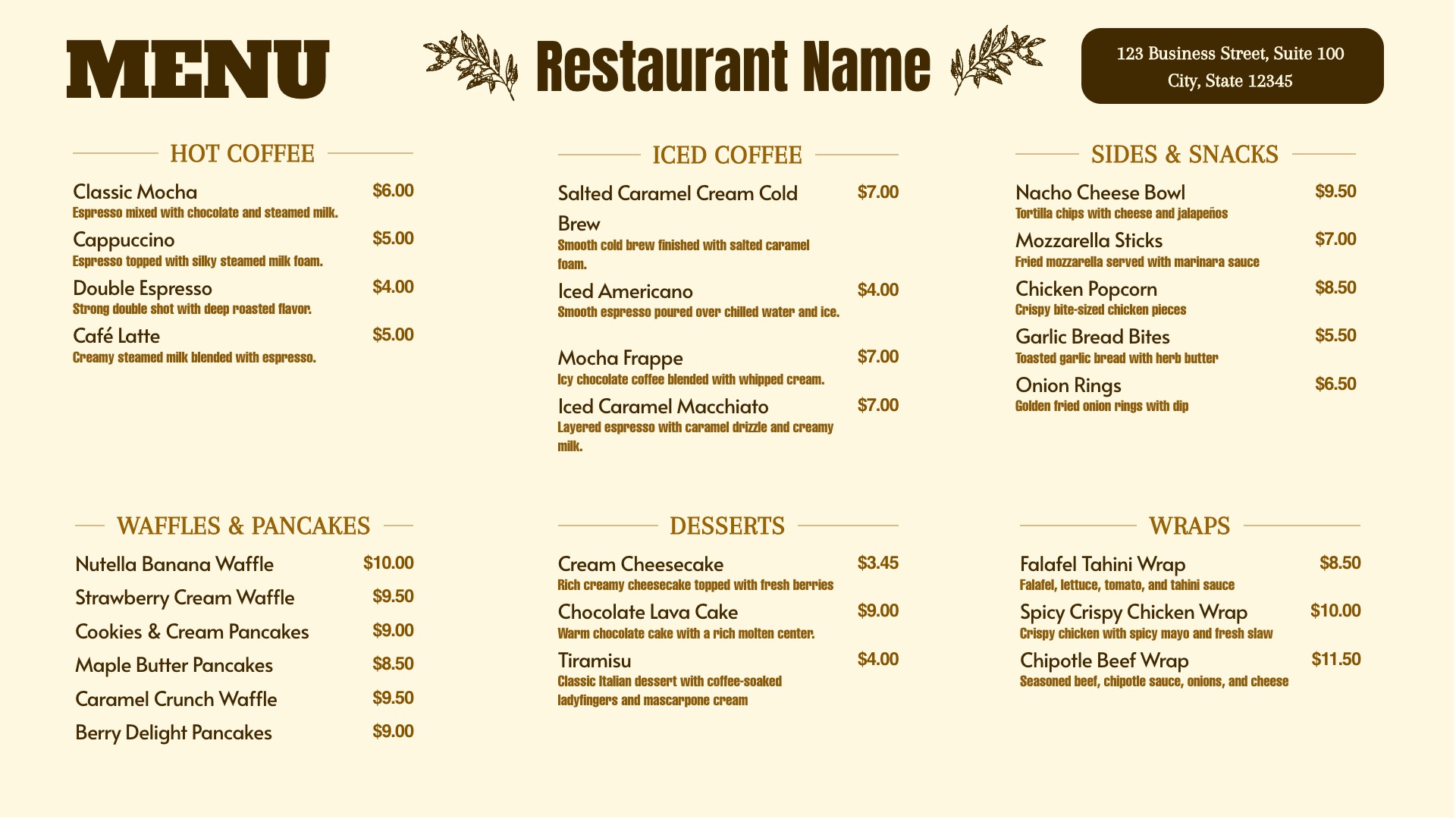 Coffee and Sides Menu