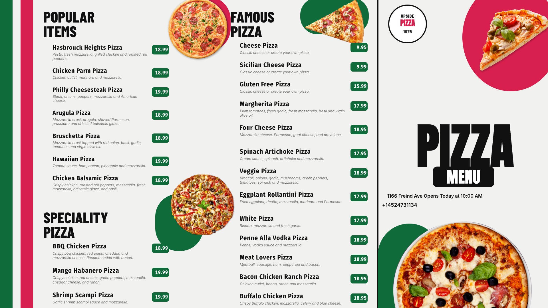 Upside Pizza Menu (landscape board)