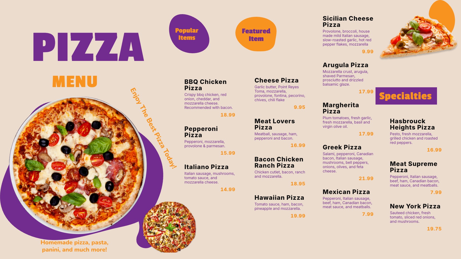 Pizza Menu - purple and orange