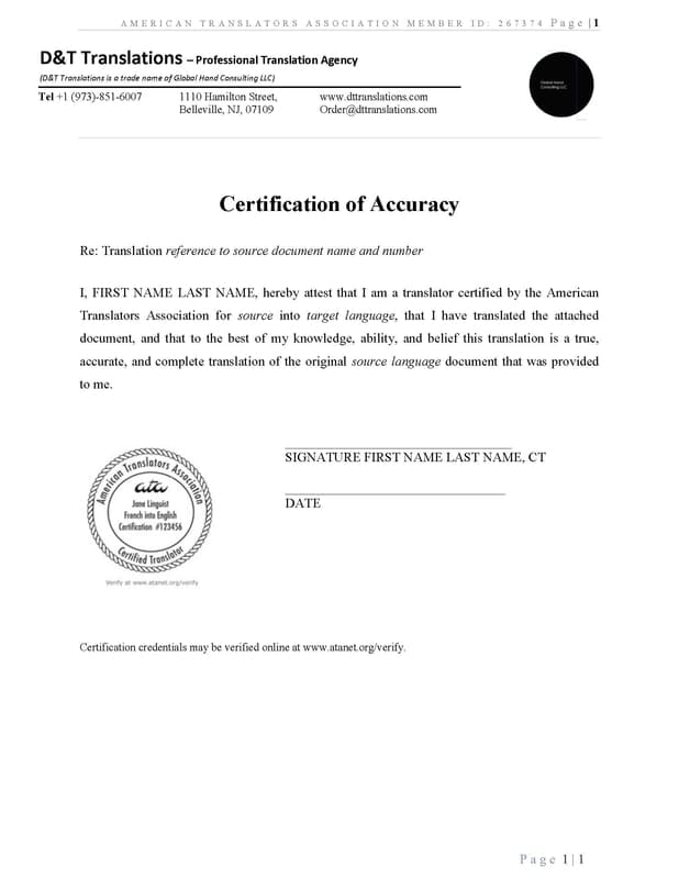 Sample certification page by an ATA-certified translator.