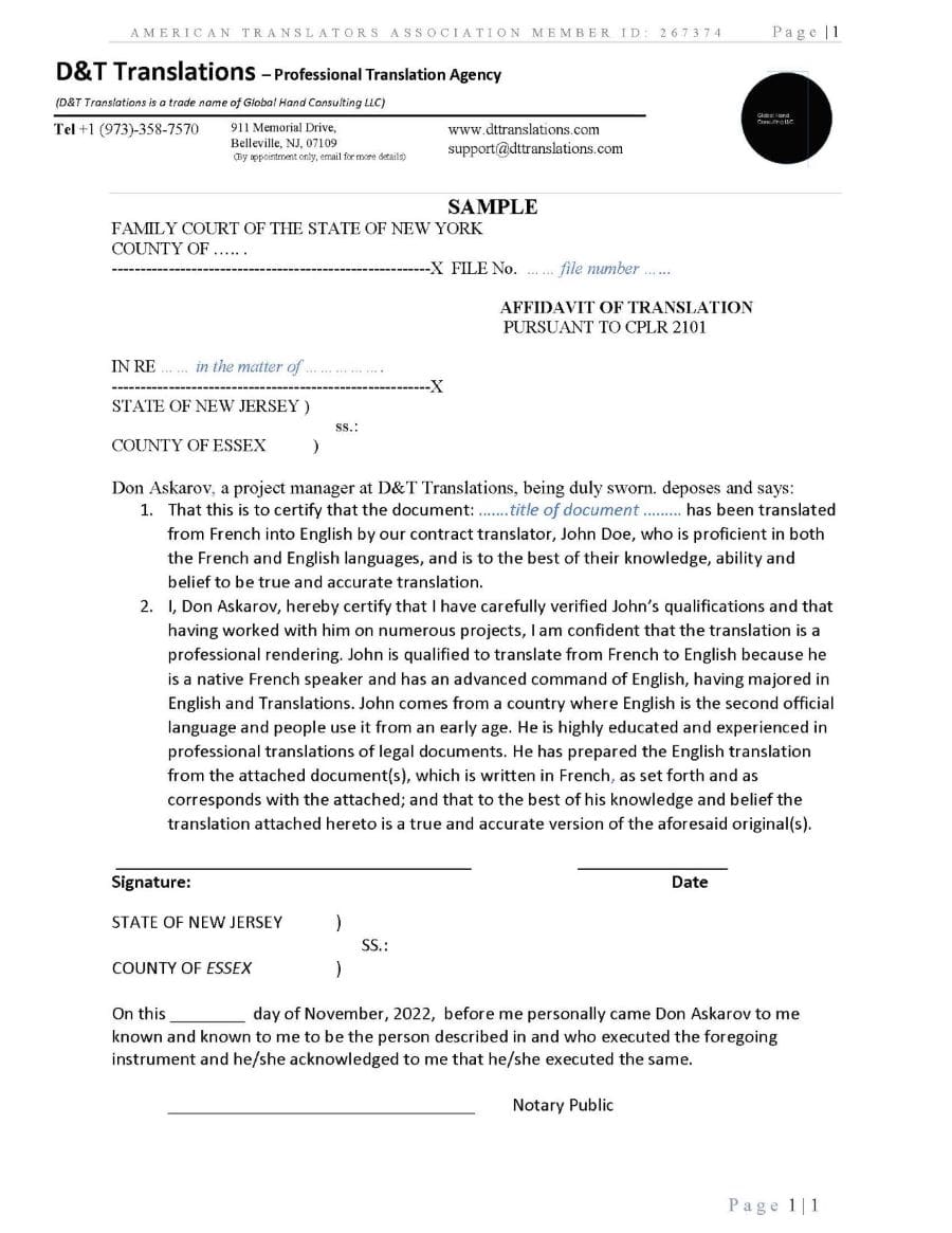 Sample of a modified Affidavit of Translation.