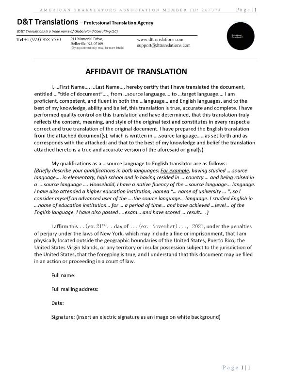 Sample affidavit for translators based abroad.