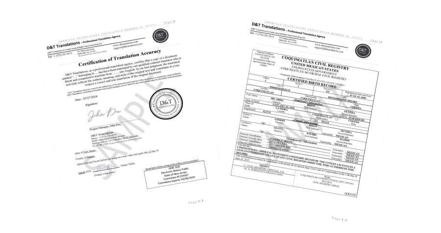 Sample of a certified translation document.