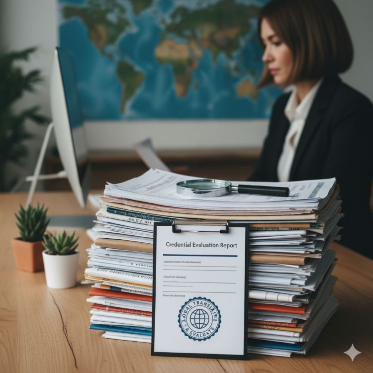 A professional reviewing an academic diploma and official documents.