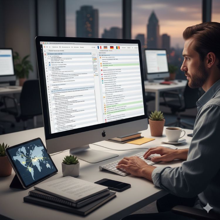 A glowing globe with interconnected lines, representing global localization services.