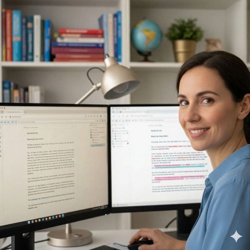 Professional linguist reviewing translated content on dual monitors