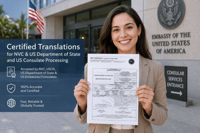 Professional holding a certified translation in front of a US Embassy