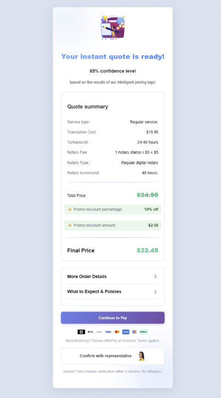 Instant cost estimator results summarizing translation pricing breakdown
